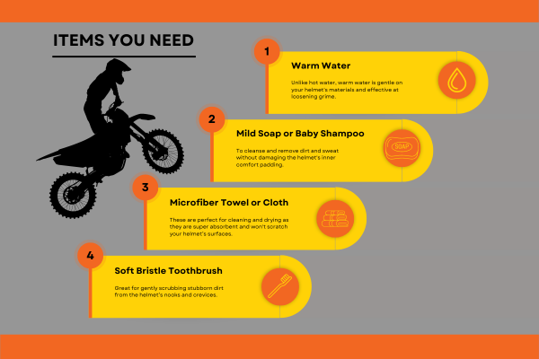 Infographic with the items you need to clean a dirt bike helmet.
