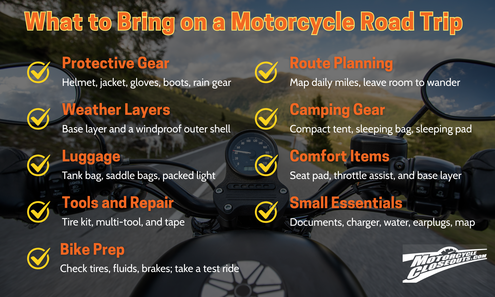 infographic of what to bring on a motorcycle road trup